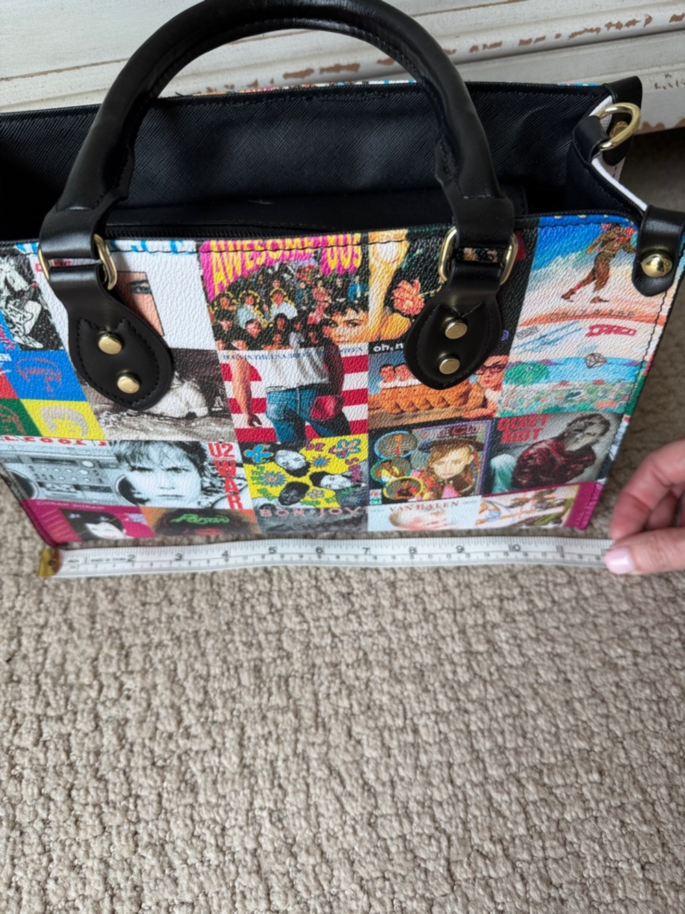 NEW multicolor 80s Albums themed Women’s Handbag w/ Black Handles/gold hardware. - Picture 8 of 11